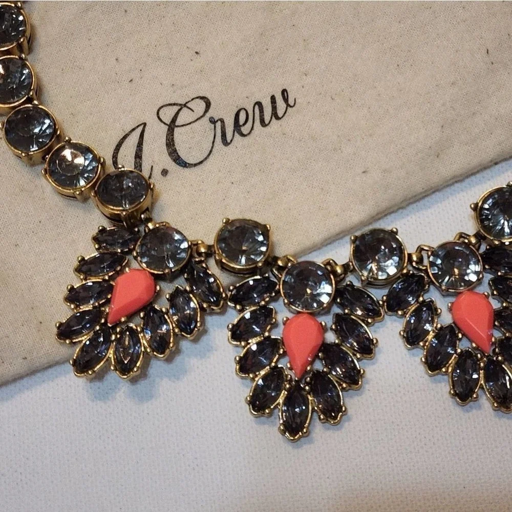 J. Crew navy‎ and coral jeweled art deco BRÛLÉE statement necklace
